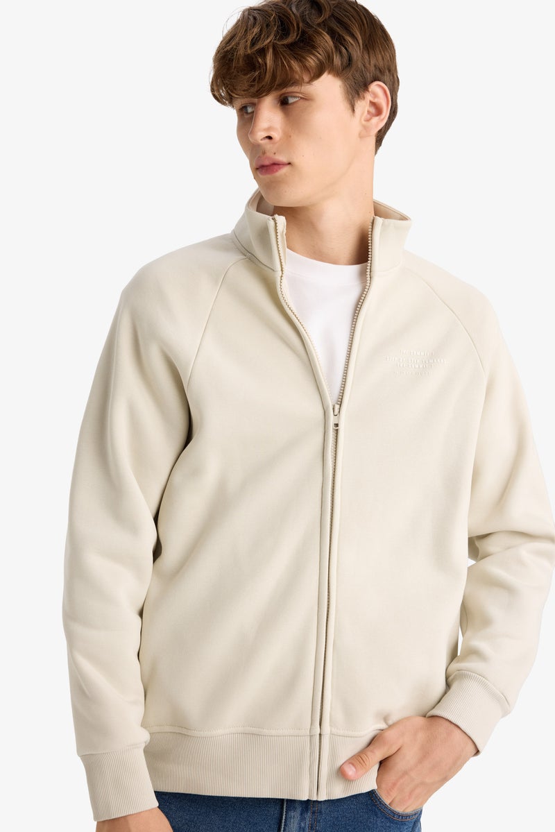 DeFacto Beige Man Boxy Fit Stand Collar Printed Sweatshirt Casual - Image 4